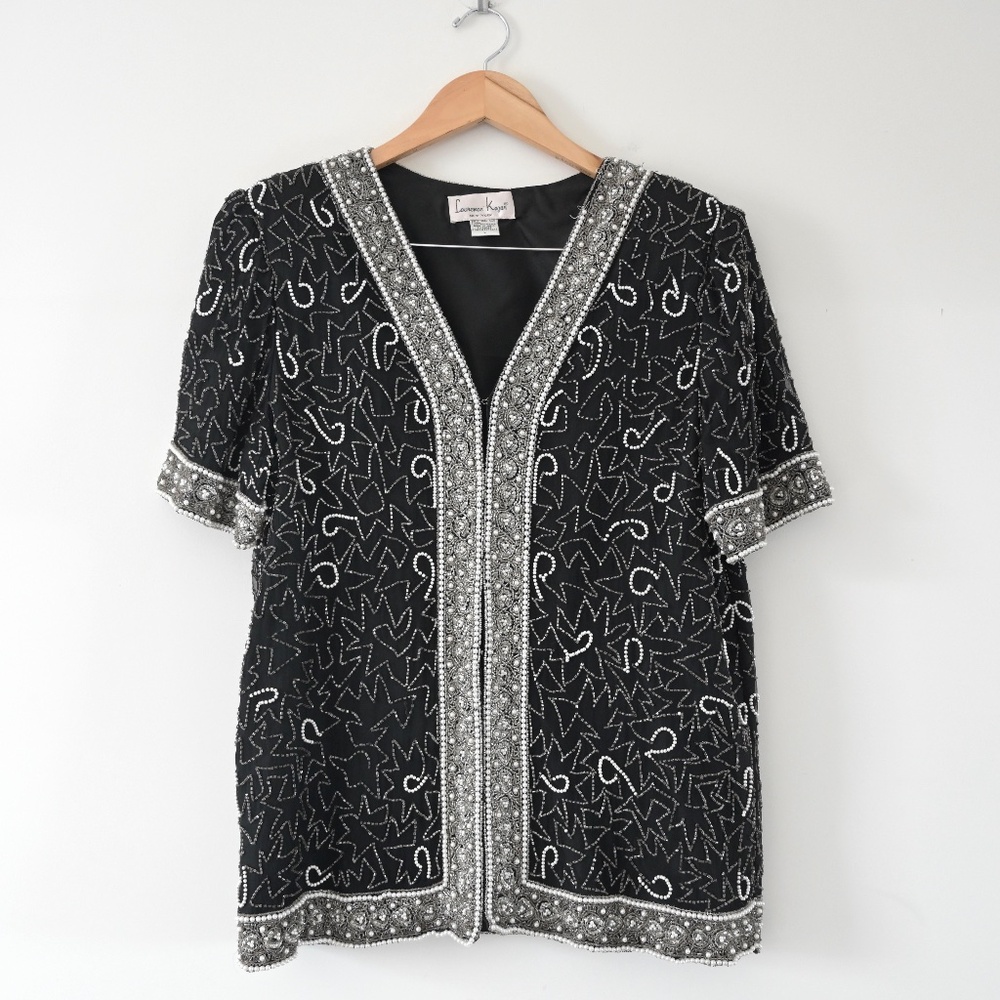 1980s Laurence Kazar New York Black Silk Short Sleeve Beaded Sequin Jacket Top L